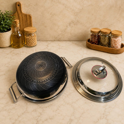 Jumbo Honeycomb LaserCut Karahi with Tempered Glass Lid - Deep Cooking Pot