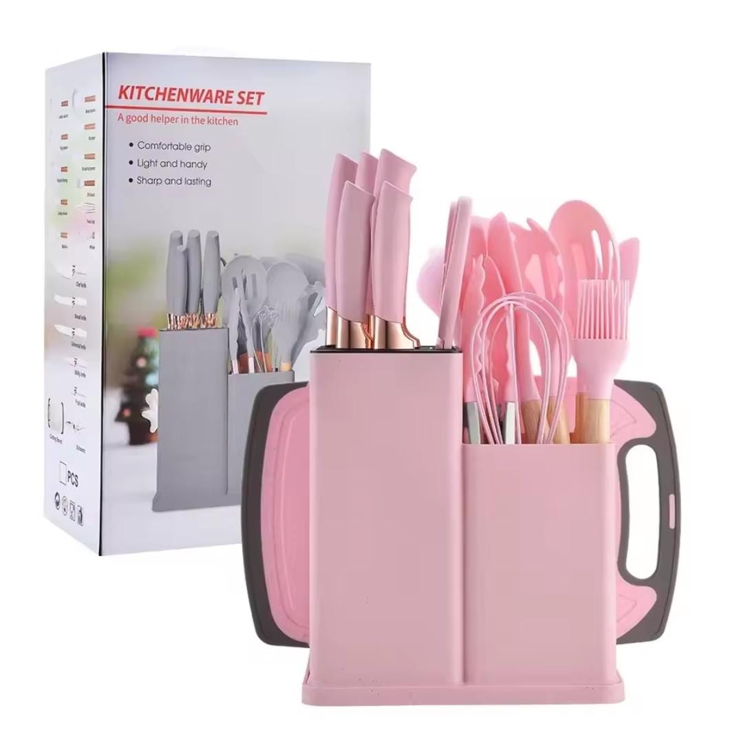 19 pcs Kitchen utensils set with Knives and Cutting board, stand and holders | All in one kitchenware set