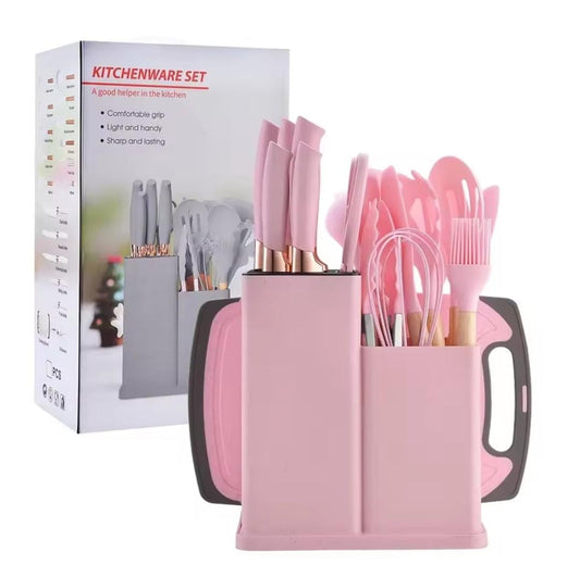 19 pcs Kitchen utensils set with Knives and Cutting board, stand and holders | All in one kitchenware set