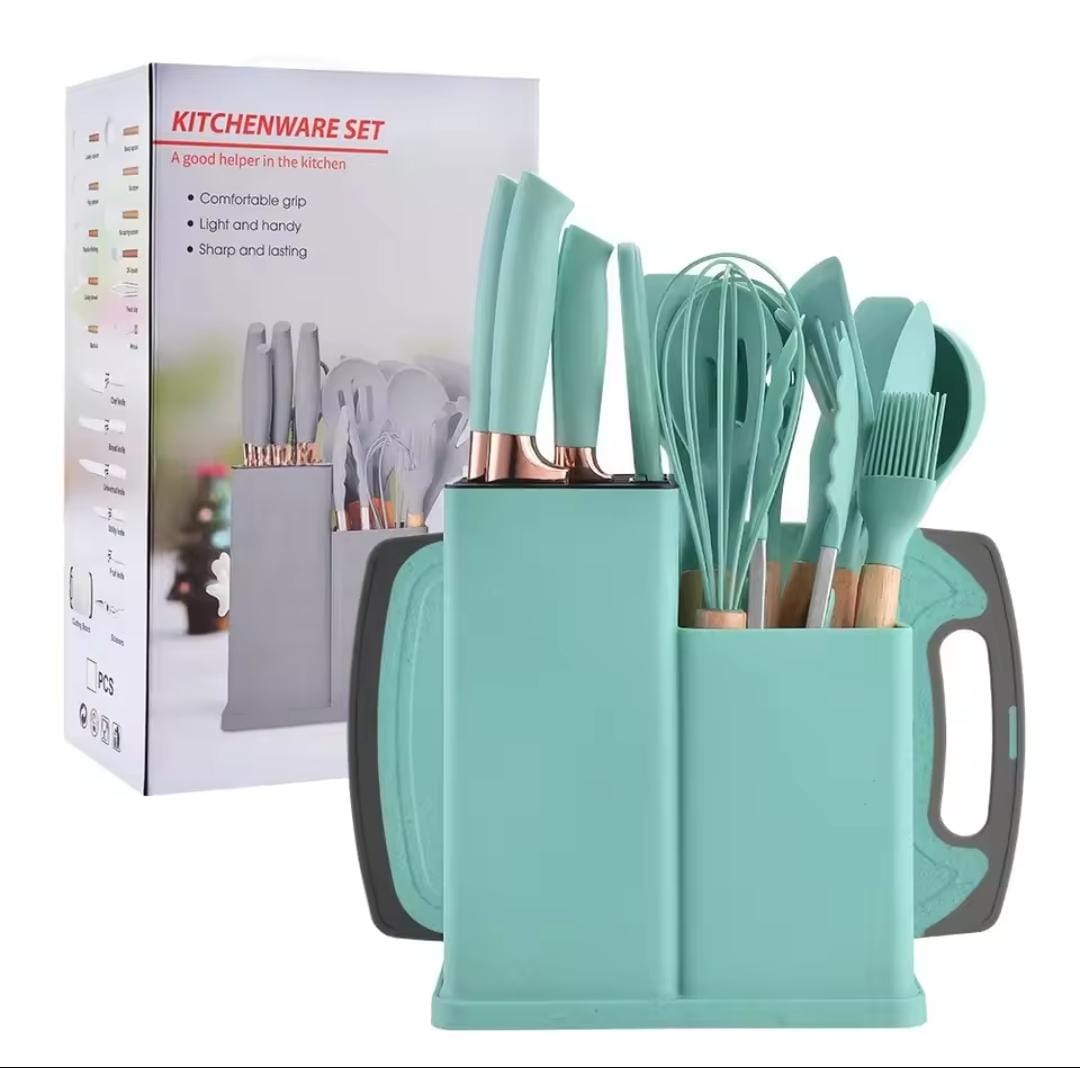 19 pcs Kitchen utensils set with Knives and Cutting board, stand and holders | All in one kitchenware set