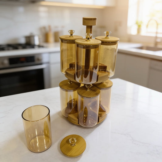 2-Tier 8 Glass Jars Rotating Spice Rack Set with Bamboo Stand