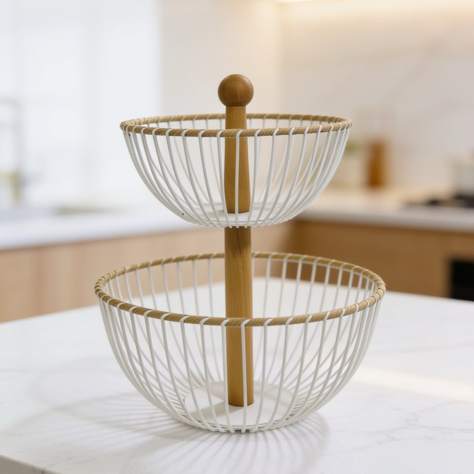2 Tier Metal Wire Fruit Basket with Wooden Handle
