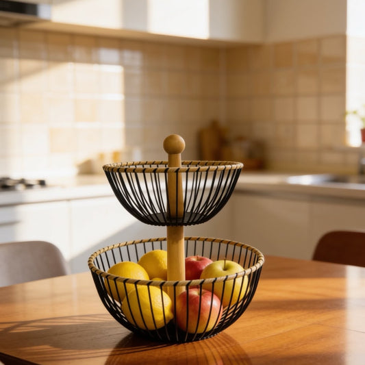 2 Tier Metal Wire Fruit Basket with Wooden Handle