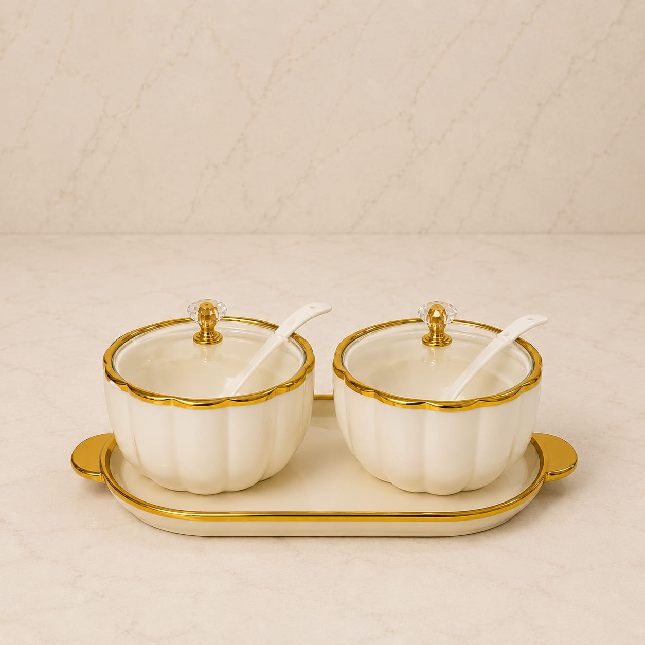 Ceramic Bowl Set with Tray, White and Gold, 2 Pcs