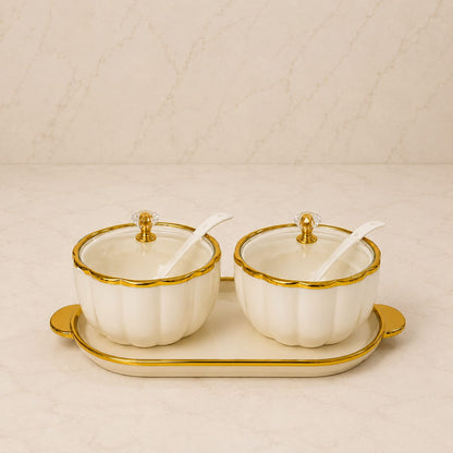 Ceramic Bowl Set with Tray, White and Gold, 2 Pcs