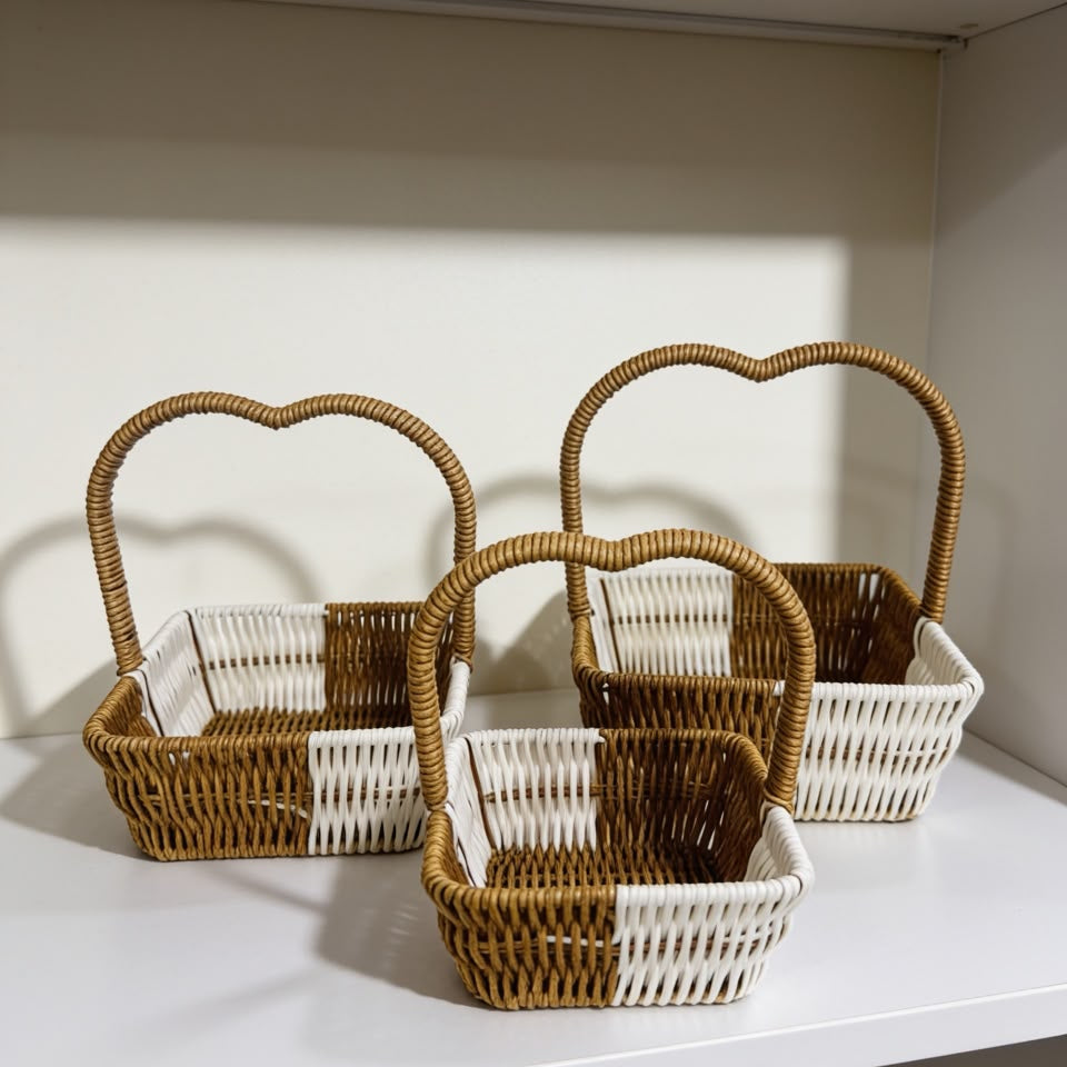 Set of 3  Square Rattan handle Basket Brown| Fruit Basket | Creative Snack Storage Display