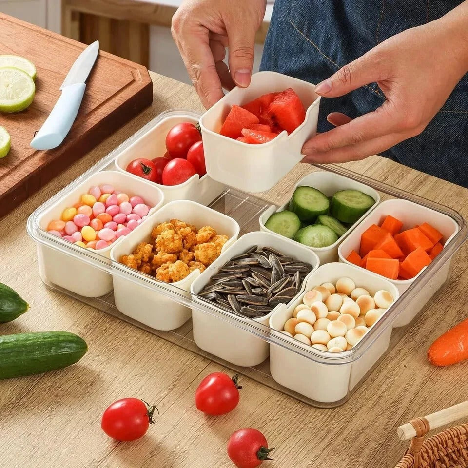Snackle Box Container with Lid and Handle - 8 Compartments Divided Serving Tray, Portable Travel Snack Charcuterie Organizer for Candy, Fruits, Veggie and Snacks