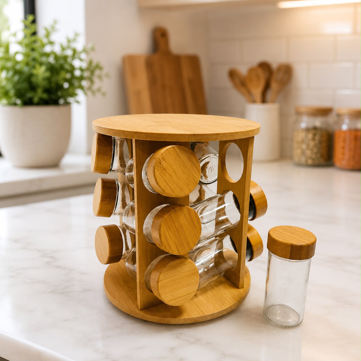 Wooden Rotating Spice Rack Organizer – 8 Glass Jars with Bamboo Lids
