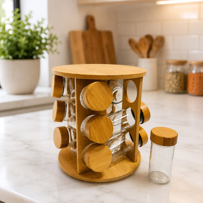 Wooden Rotating Spice Rack Organizer – 8 Glass Jars with Bamboo Lids