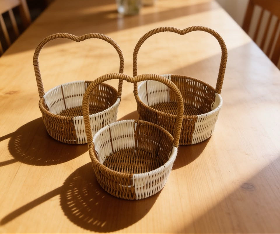 Set of 3  Round Rattan handle Basket Brown| Fruit Basket | Creative Snack Storage Display