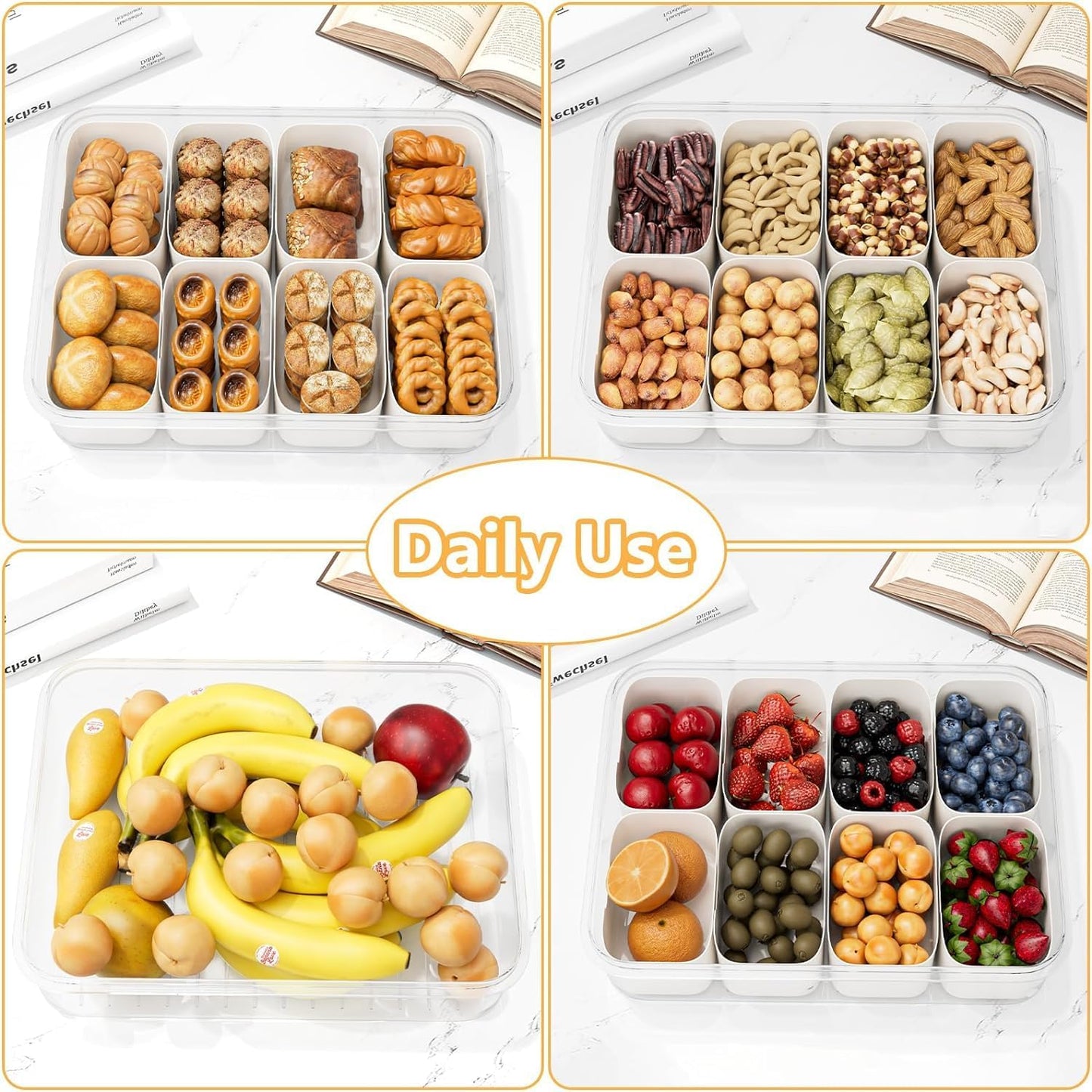 Snackle Box Container with Lid and Handle - 8 Compartments Divided Serving Tray, Portable Travel Snack Charcuterie Organizer for Candy, Fruits, Veggie and Snacks