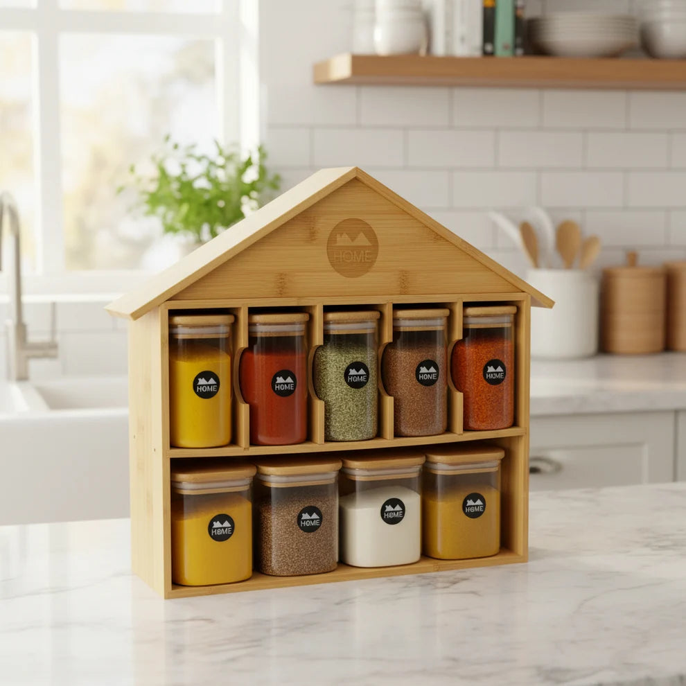 Bamboo House Design Rack With Spice Jars