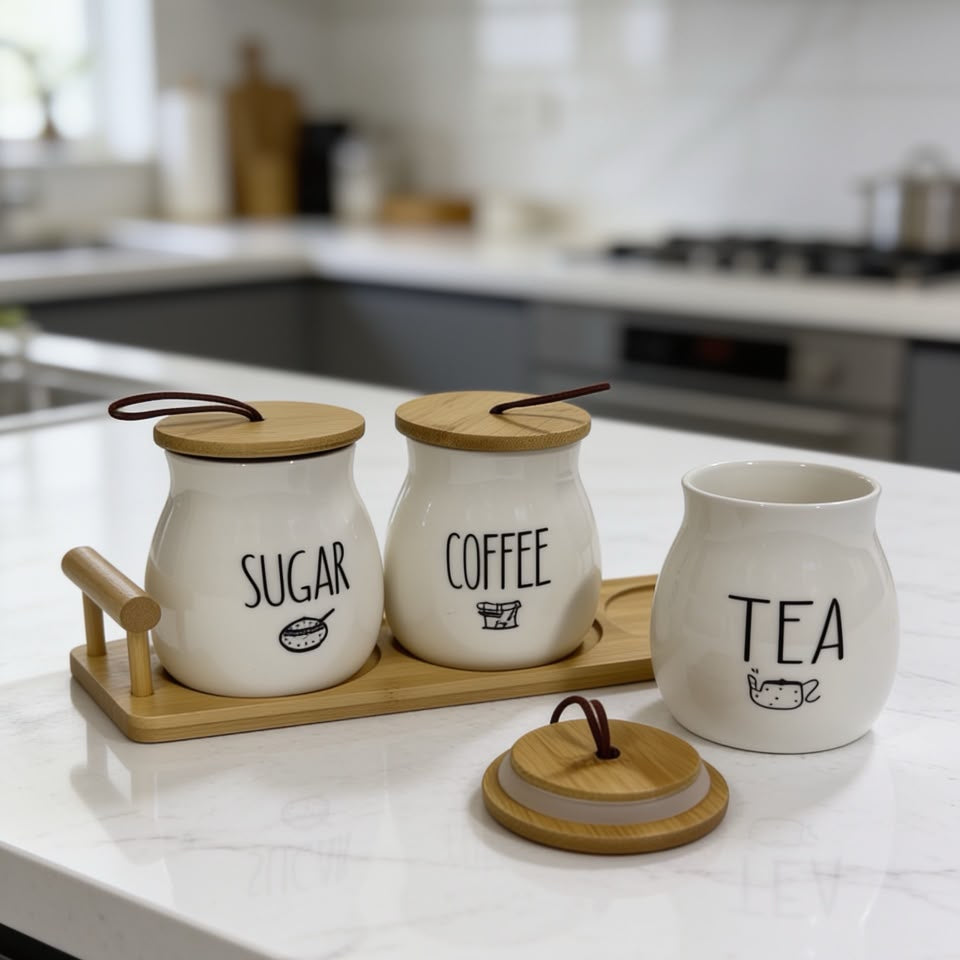 Ceramic Tea Coffee Sugar Jars Set with Tray