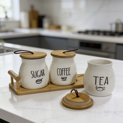 Ceramic Tea Coffee Sugar Jars Set with Tray