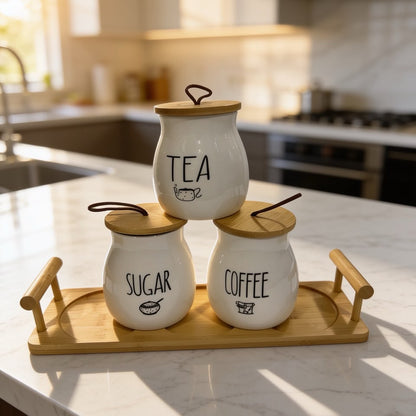 Ceramic Tea Coffee Sugar Jars Set with Tray