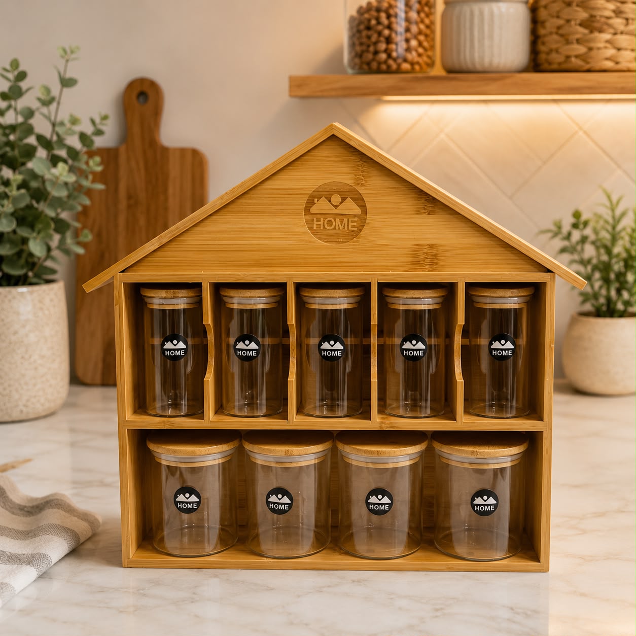 Bamboo House Design Rack With Spice Jars