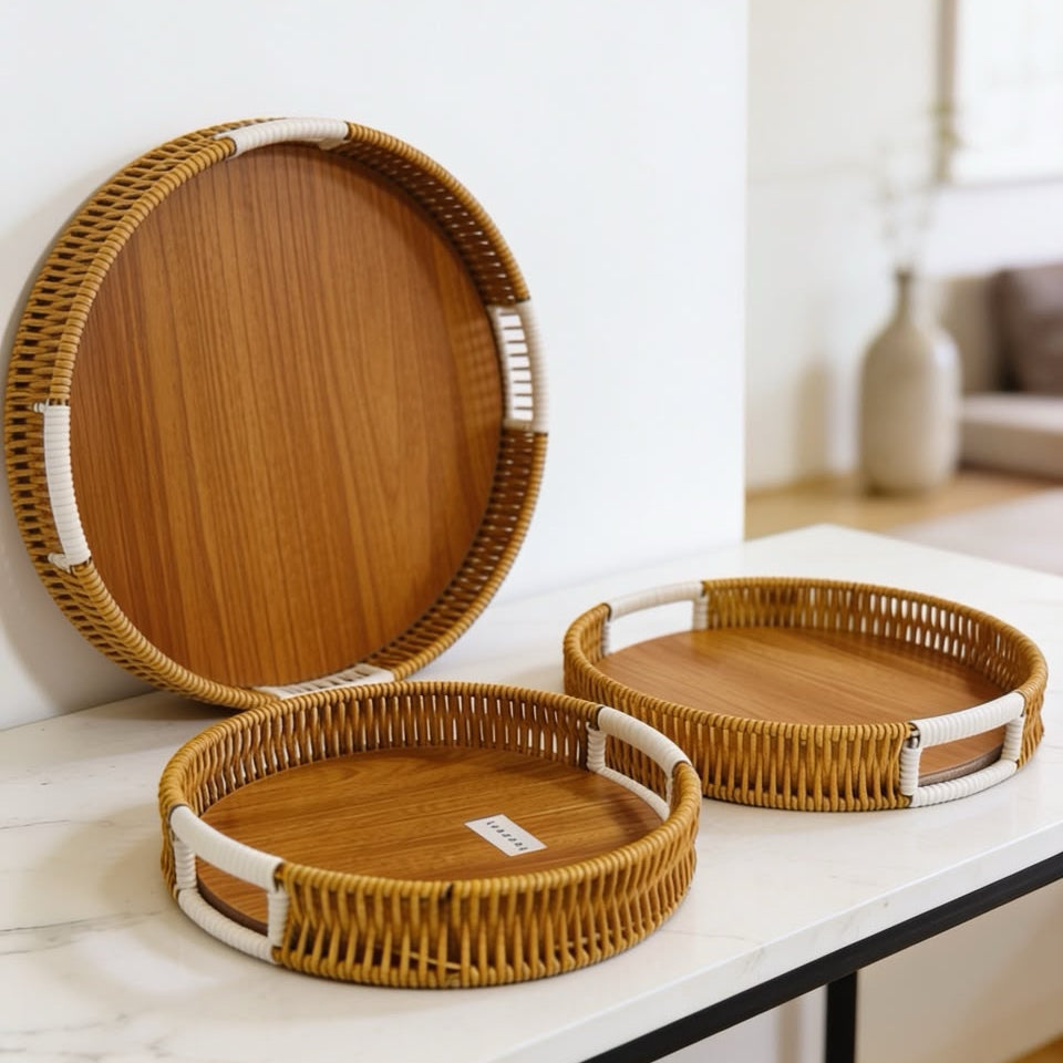 Set of 3  round flat Rattan Basket Brown