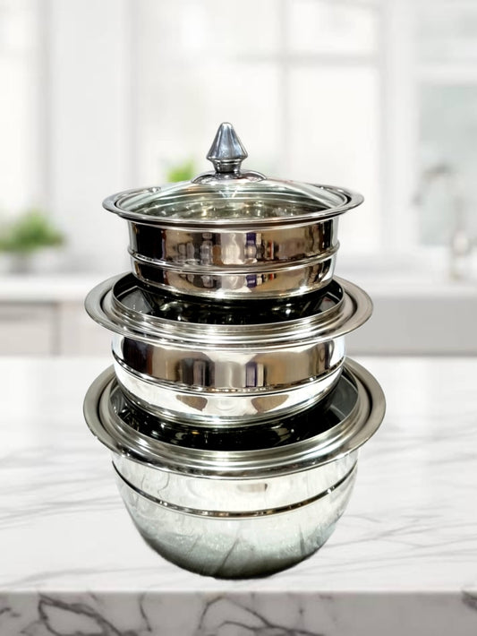 3 pcs stainless steel bowl set with glass lid
