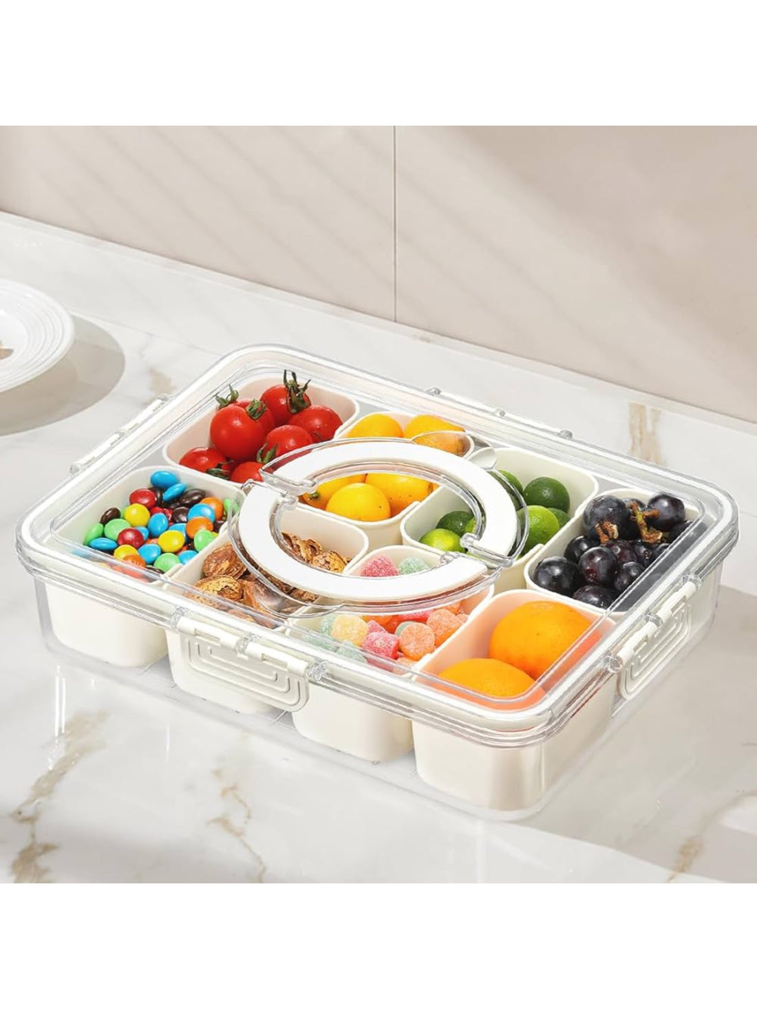 Snackle Box Container with Lid and Handle - 8 Compartments Divided Serving Tray, Portable Travel Snack Charcuterie Organizer for Candy, Fruits, Veggie and Snacks